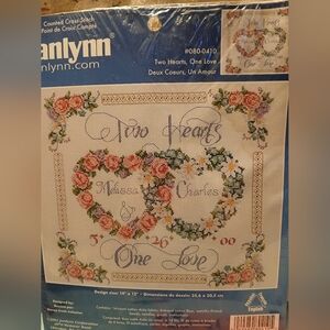 Janlynn Floral Heart Cross Stitch Kit TWO HEARTS ONE LOVE 2002 Not Worked On